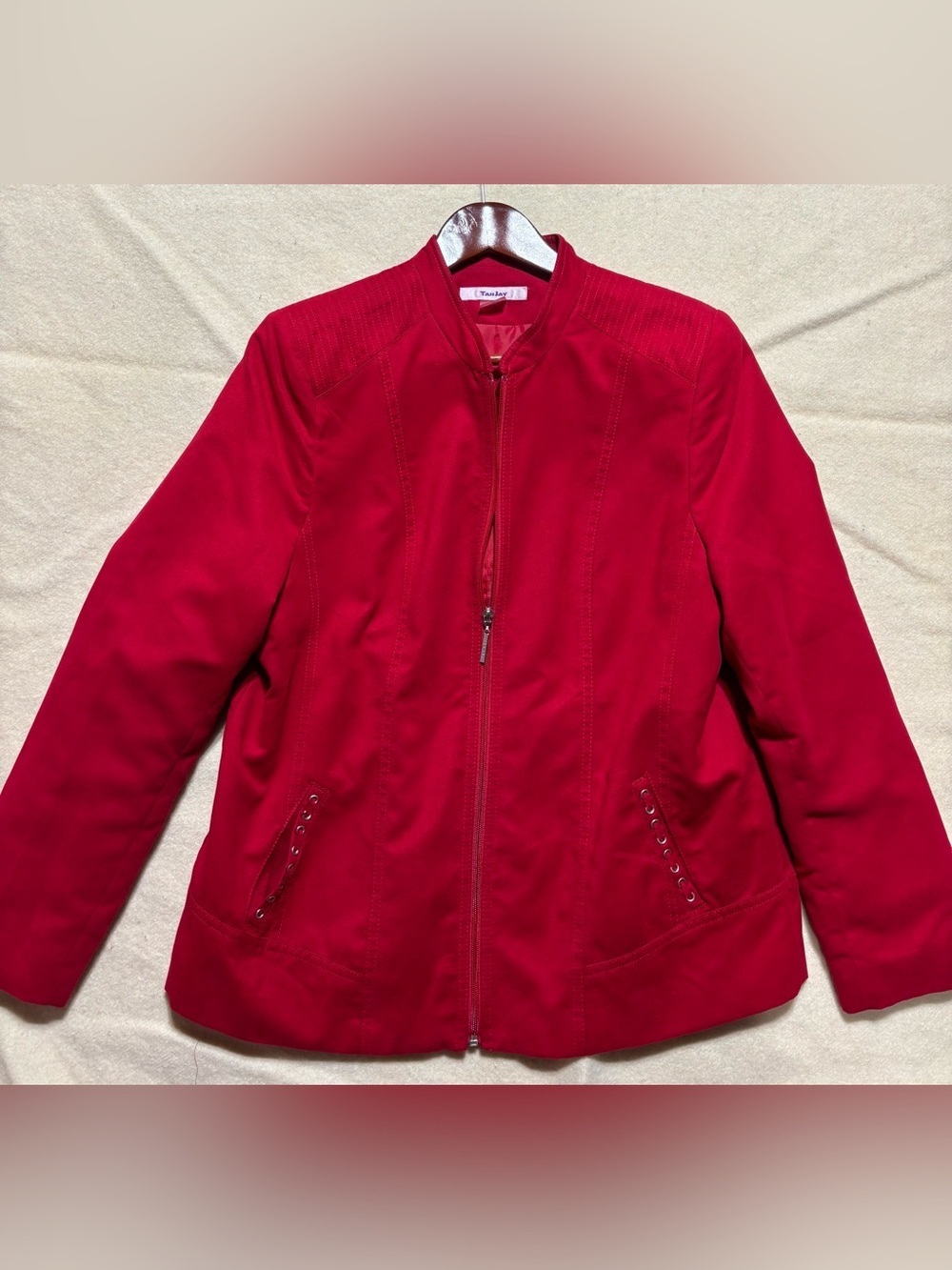 ♻️ TanJay Women’s Red Faux Suede Zip Jacket Size 12 Lightweight Career Casual